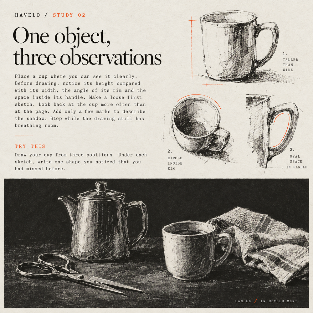 Everyday Objects in Ink — sample page design preview. Full text transcript provided alongside.