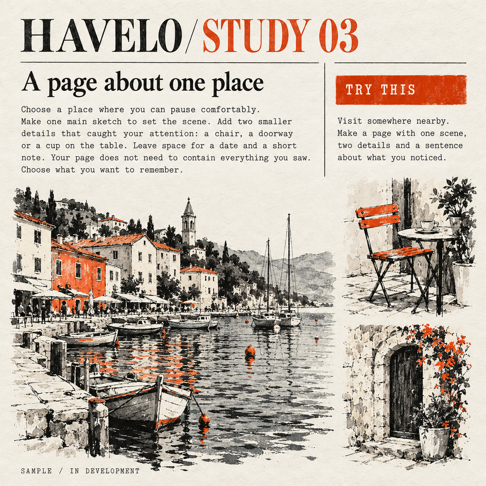The Travel Sketchbook — sample page design preview. Full text transcript provided alongside.