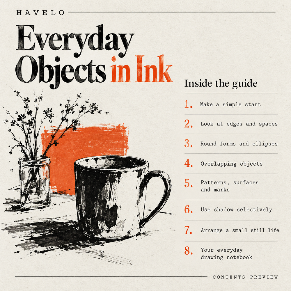 Everyday Objects in Ink &mdash; contents design preview. Full text transcript provided alongside.